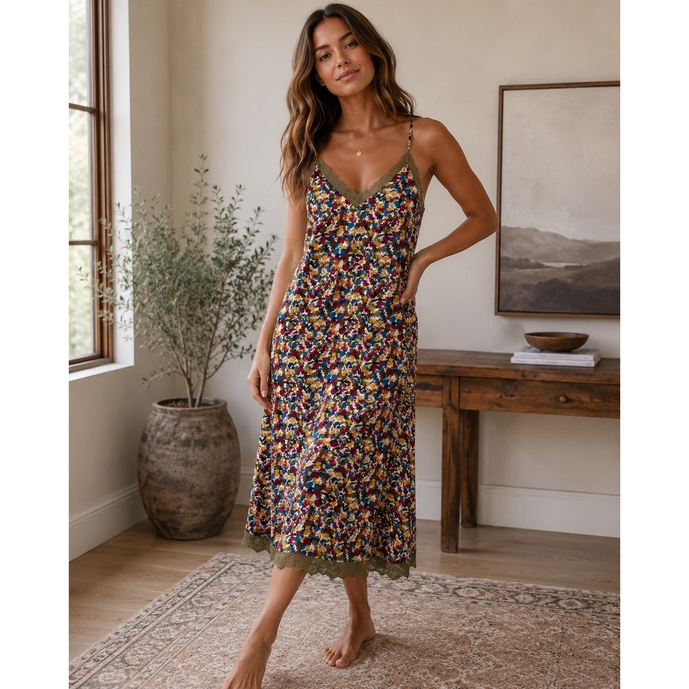 Vila Spotti Ankle Dress Lace Trim Abstract Print Slip Midi EU 34 US XS